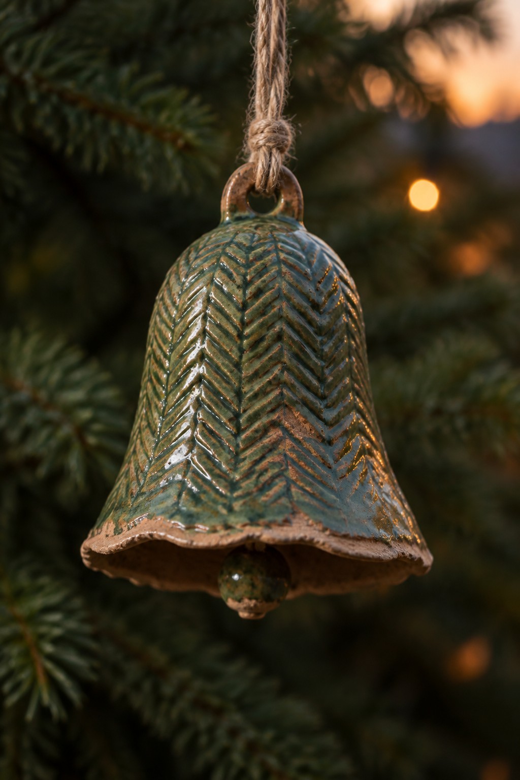 Green ceramic bell with herringbone glaze hanging from twine amid blurred evergreens
