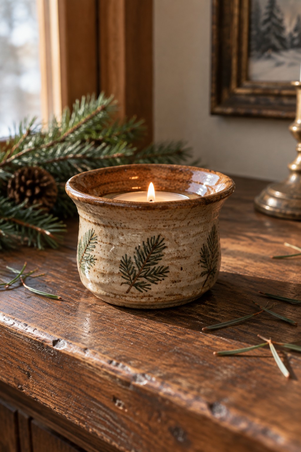 Lit candle in rustic ceramic bowl with green pine designs on wooden table