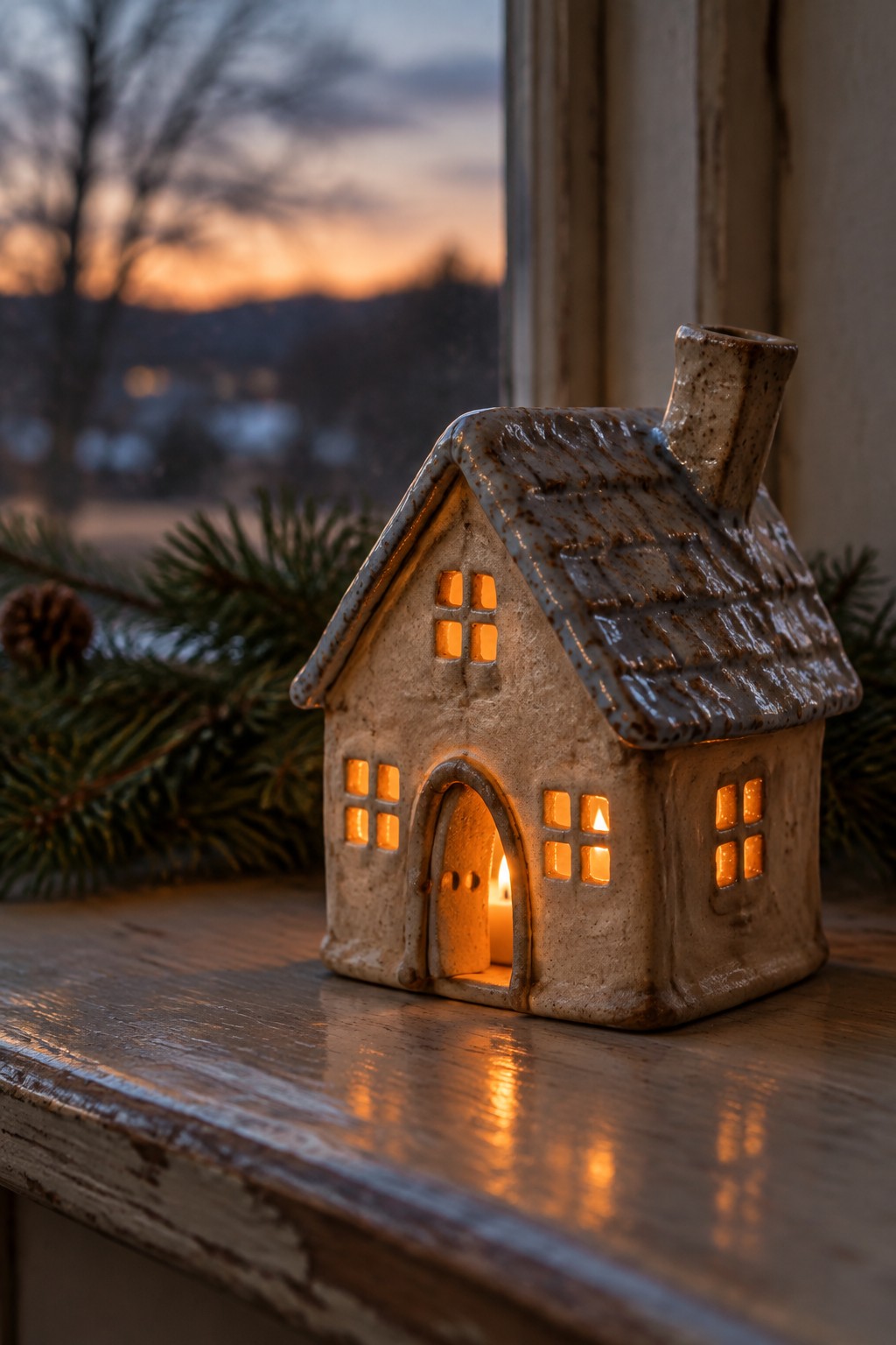 Glowing ceramic house lantern on wooden windowsill with pine branch at dusk