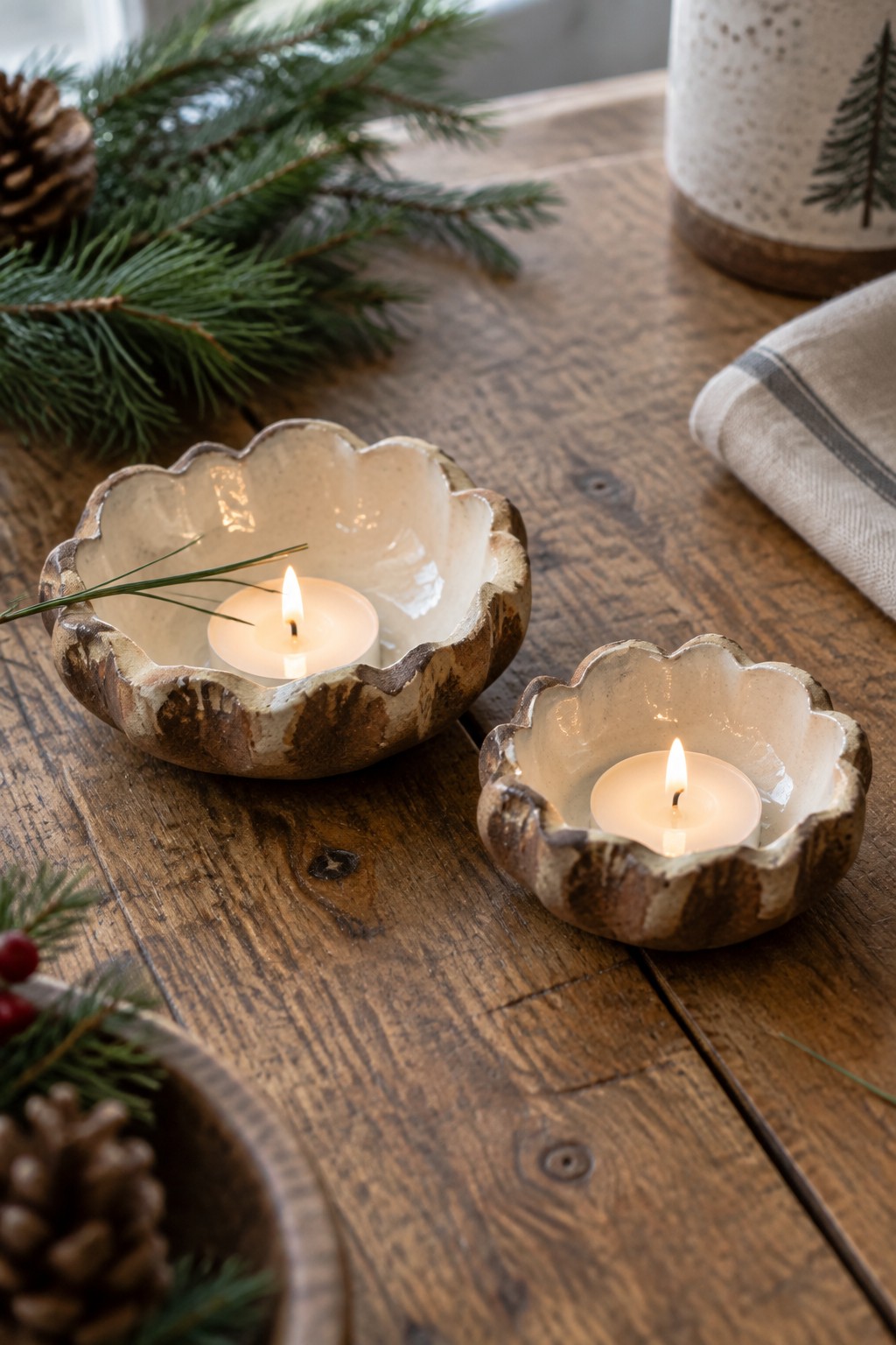 Two lit candles in scalloped ceramic bowls on rustic wooden table with pine branches