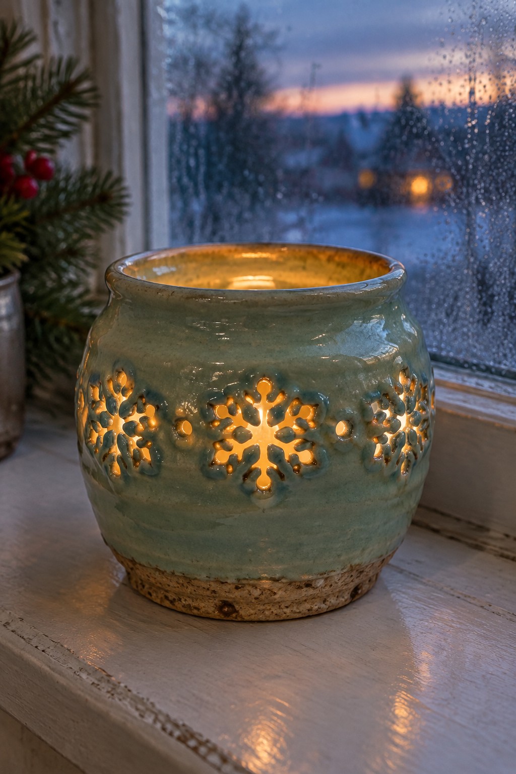 Lit turquoise ceramic lantern with snowflake cutouts on snowy windowsill at dusk