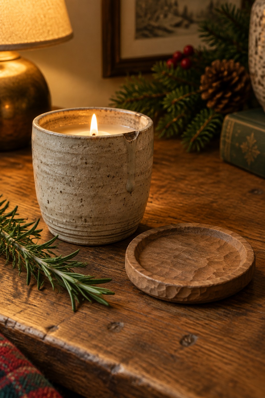 Lit candle in speckled ceramic holder beside wooden lid and rosemary sprig