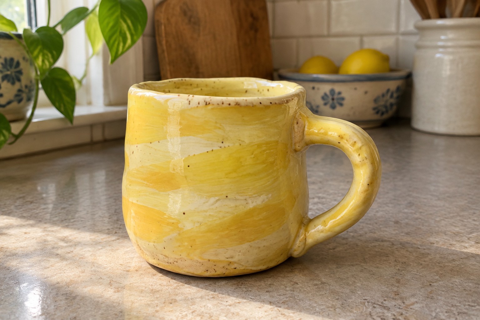Yellow ceramic mug with white stripes on sunlit kitchen counter