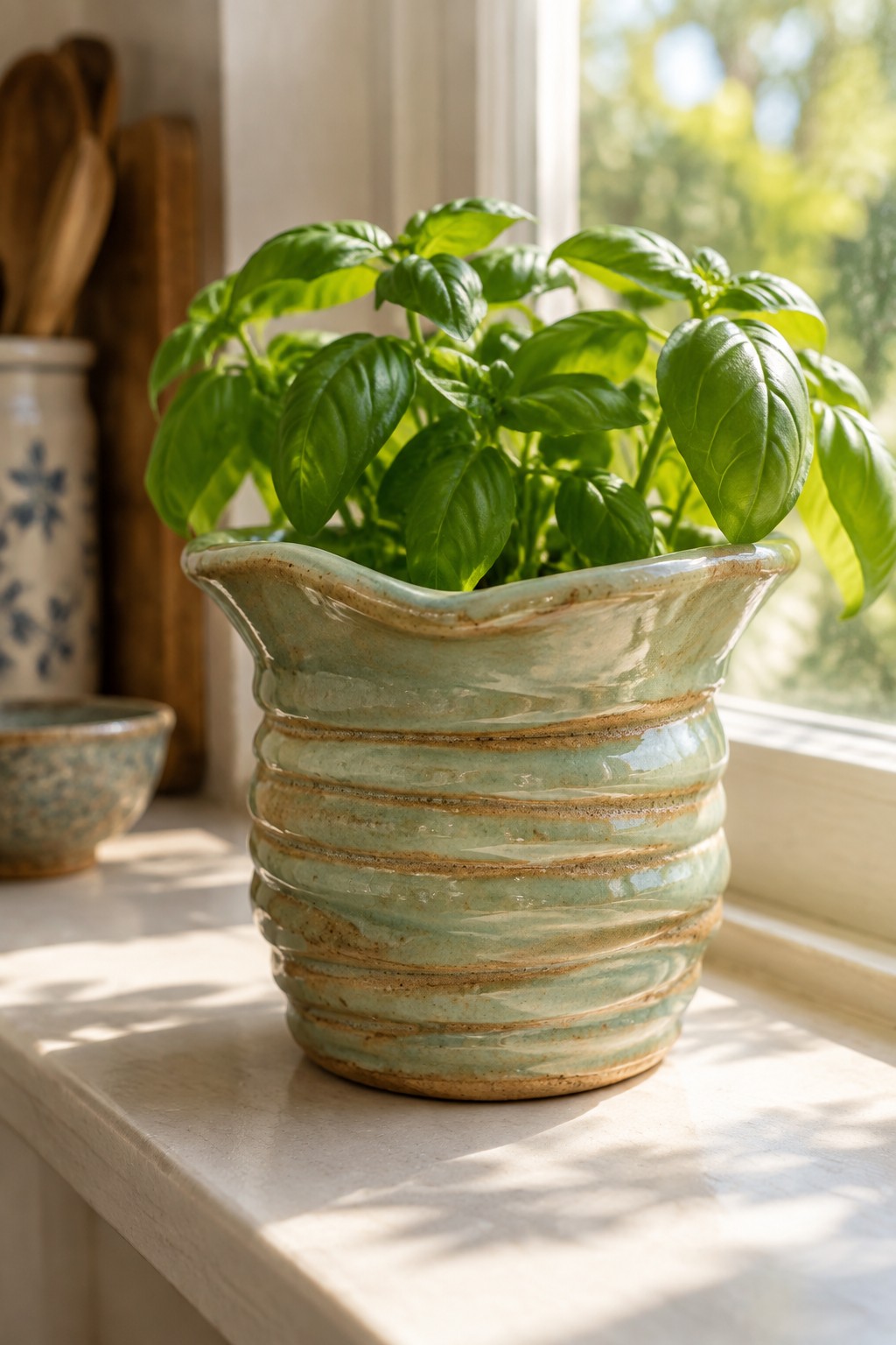 Basil plant in a light green ribbed ceramic pot on a sunny windowsill