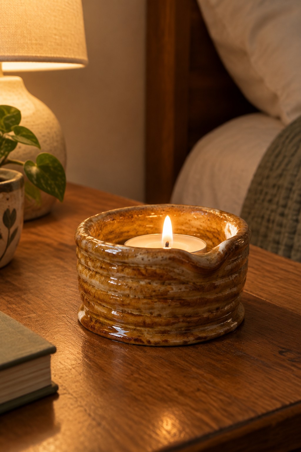 Lit candle in ribbed brown ceramic holder on wooden nightstand with book