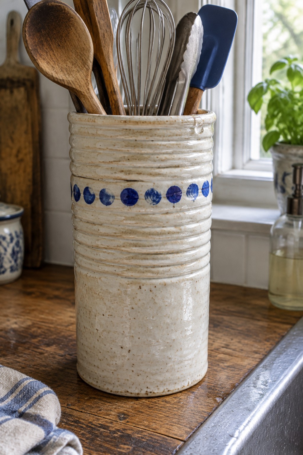 Ceramic crock with blue dots holding wooden spoons, whisk, and spatula on counter