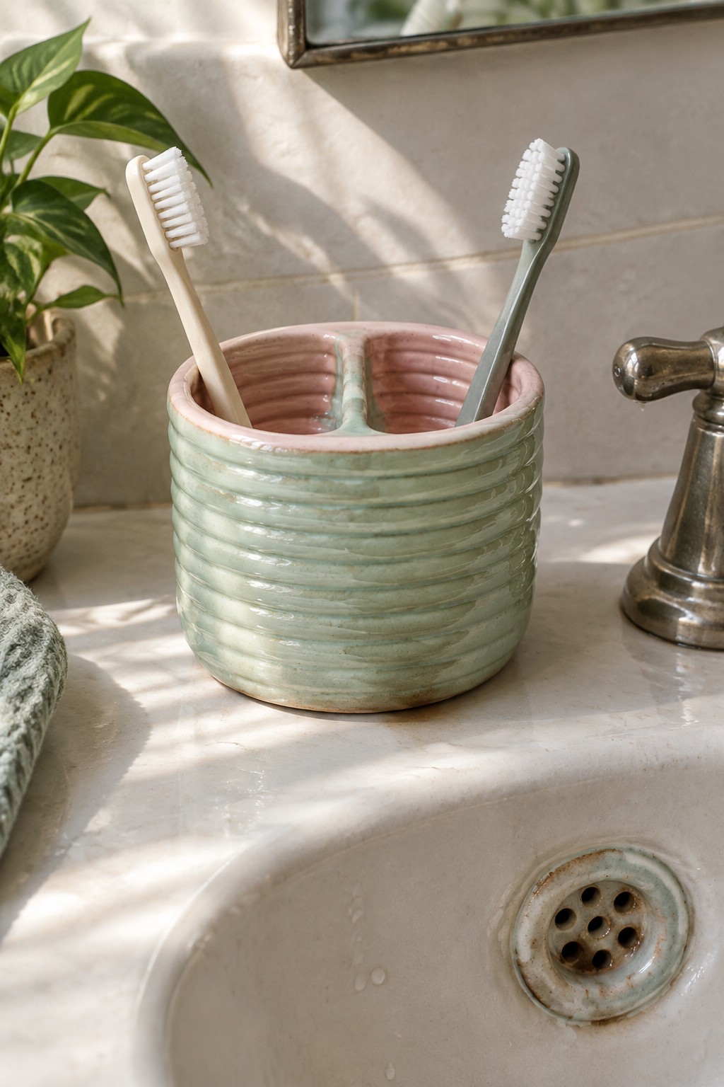 Two toothbrushes in a ribbed green and pink ceramic holder on a marble sink