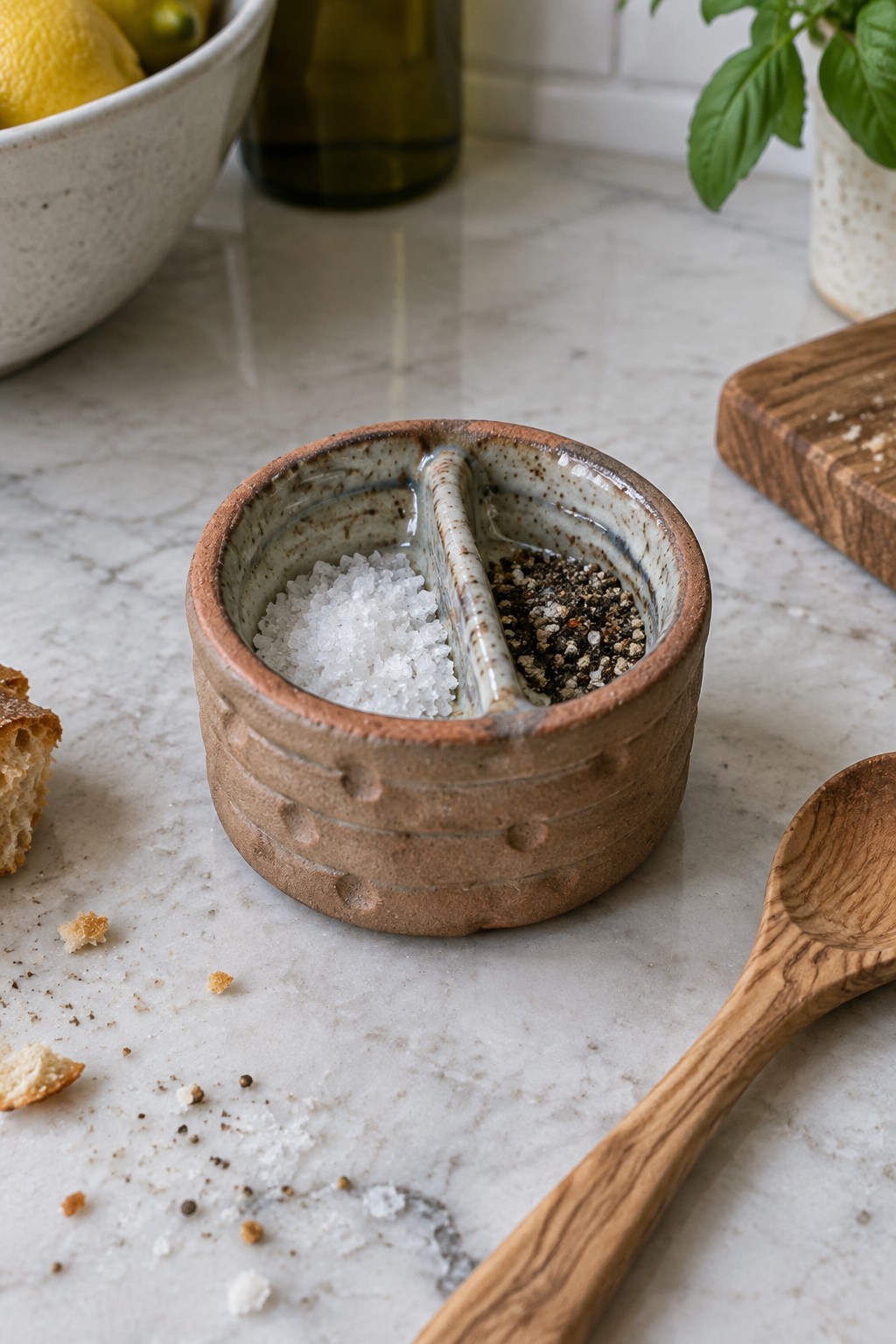 Rustic ceramic divided dish with salt and pepper on marble kitchen counter