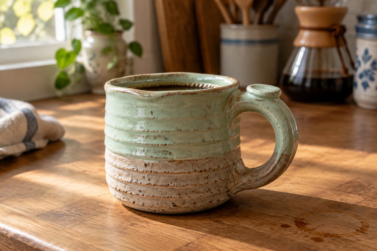 Green ribbed ceramic coffee mug on wooden table with coffee stain