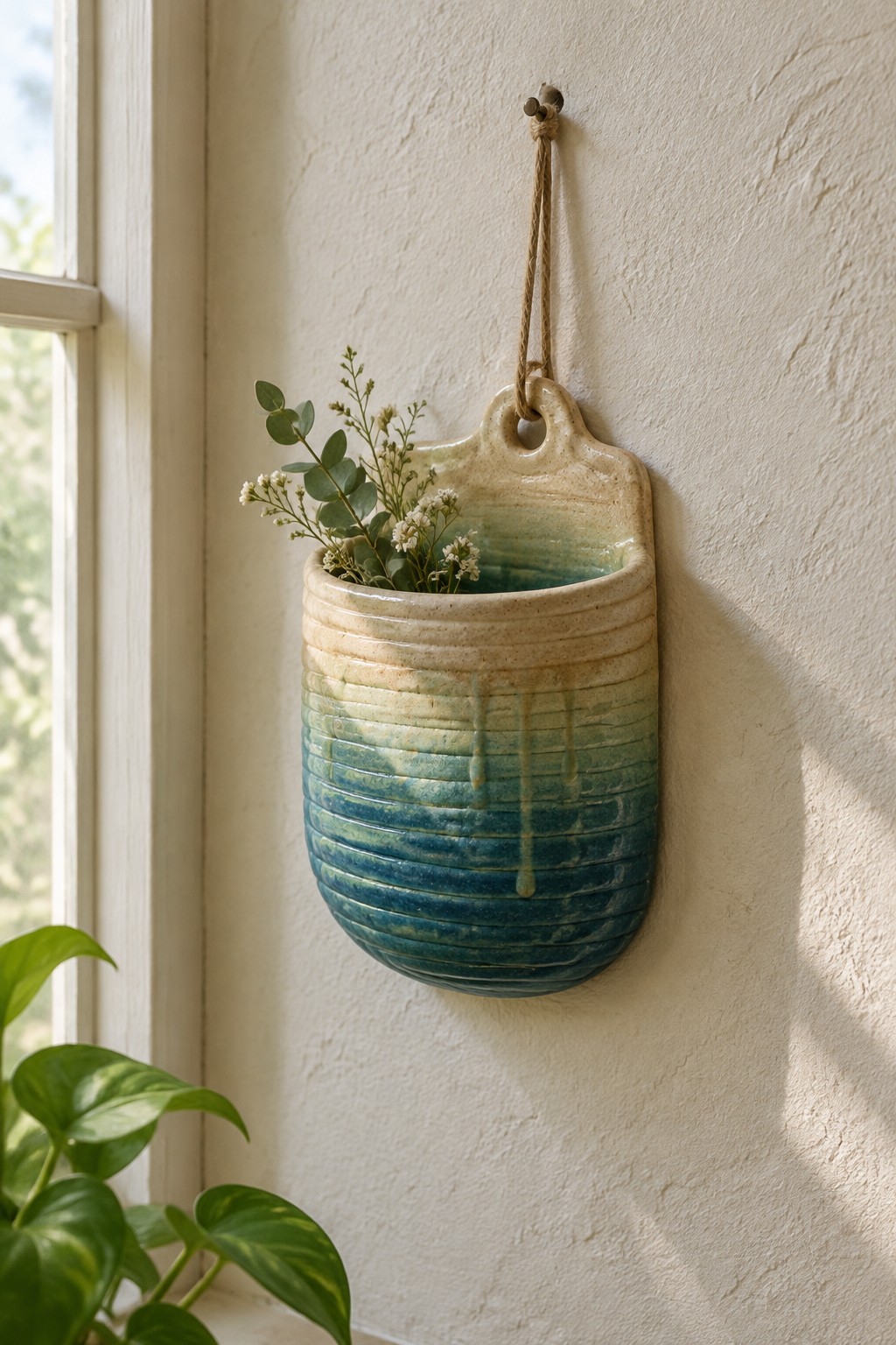 Blue-green ribbed ceramic hanging planter with flowers on textured wall near window