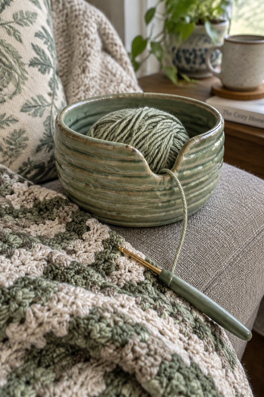 Green yarn bowl with crochet hook on textured green and beige blanket