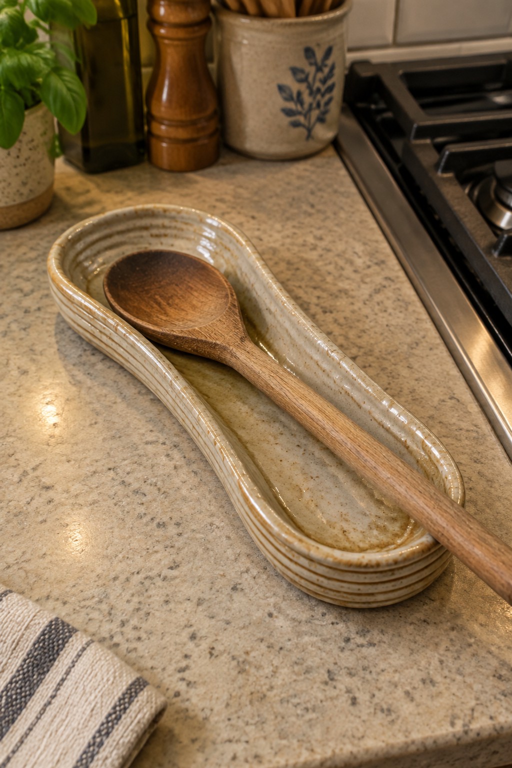 Wooden spoon resting in a ribbed beige ceramic dish on speckled countertop