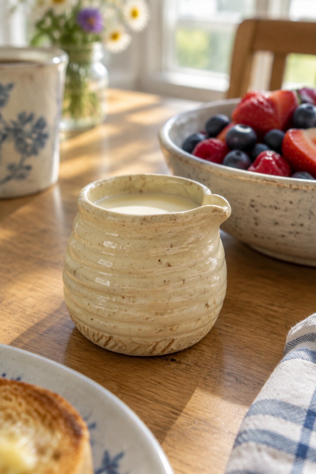 Rustic beige ribbed creamer of milk beside bowl of fresh berries on wooden table
