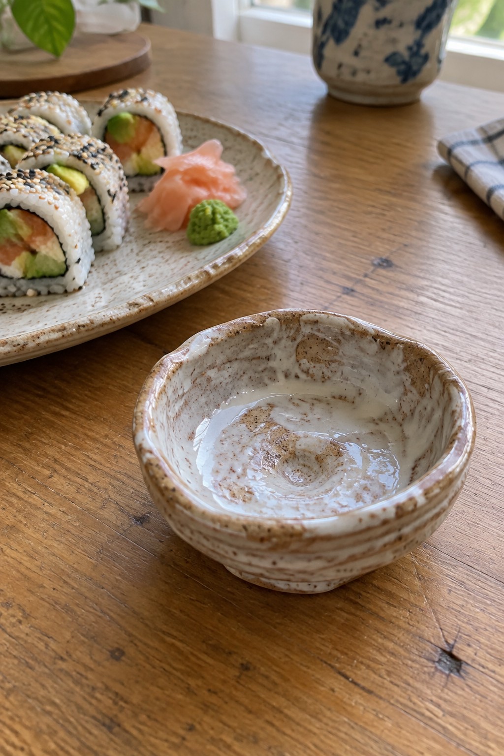 Sushi rolls on speckled plate beside bowl of white sauce on wooden table