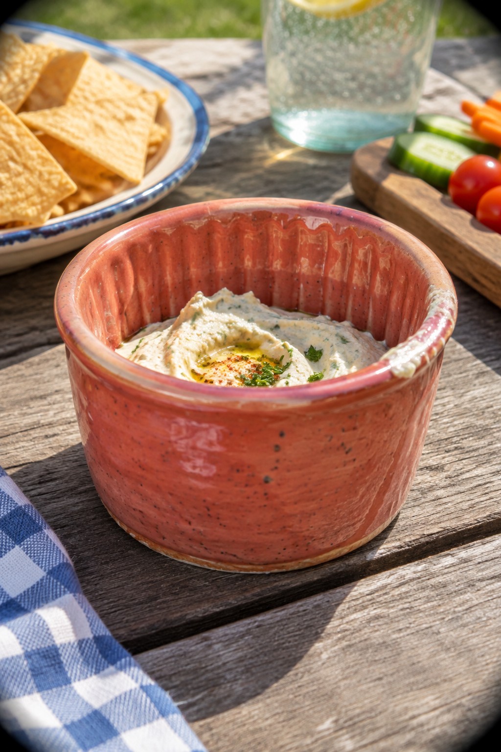 Red ceramic bowl of hummus with olive oil on rustic wooden table.