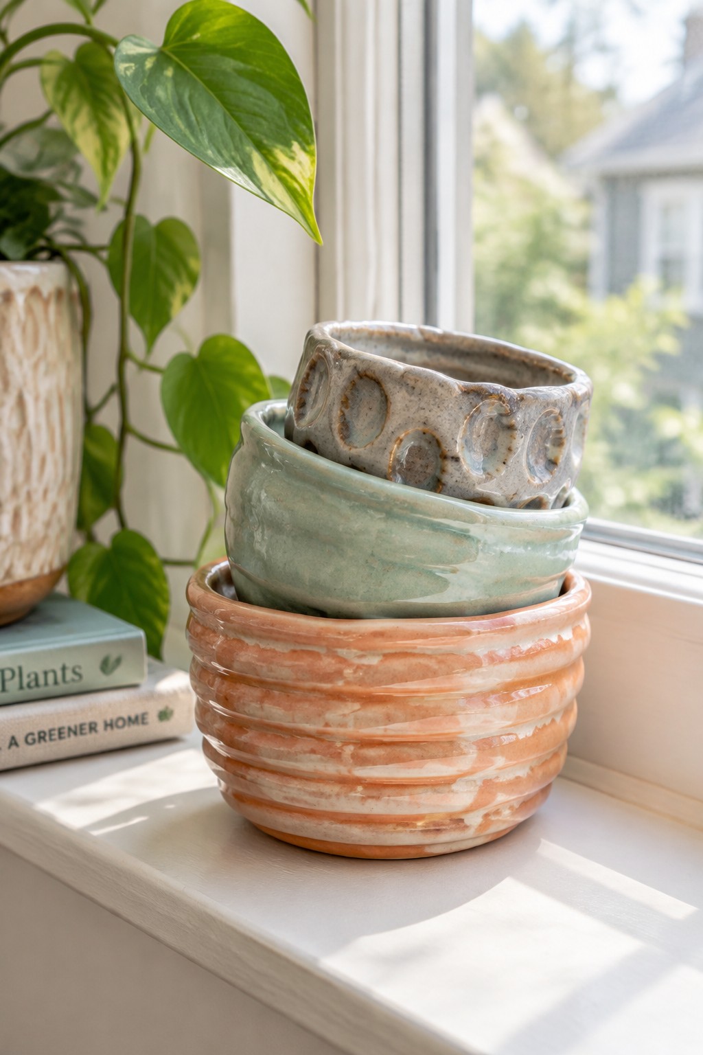 Stacked colorful ceramic bowls on sunny windowsill beside plant and books