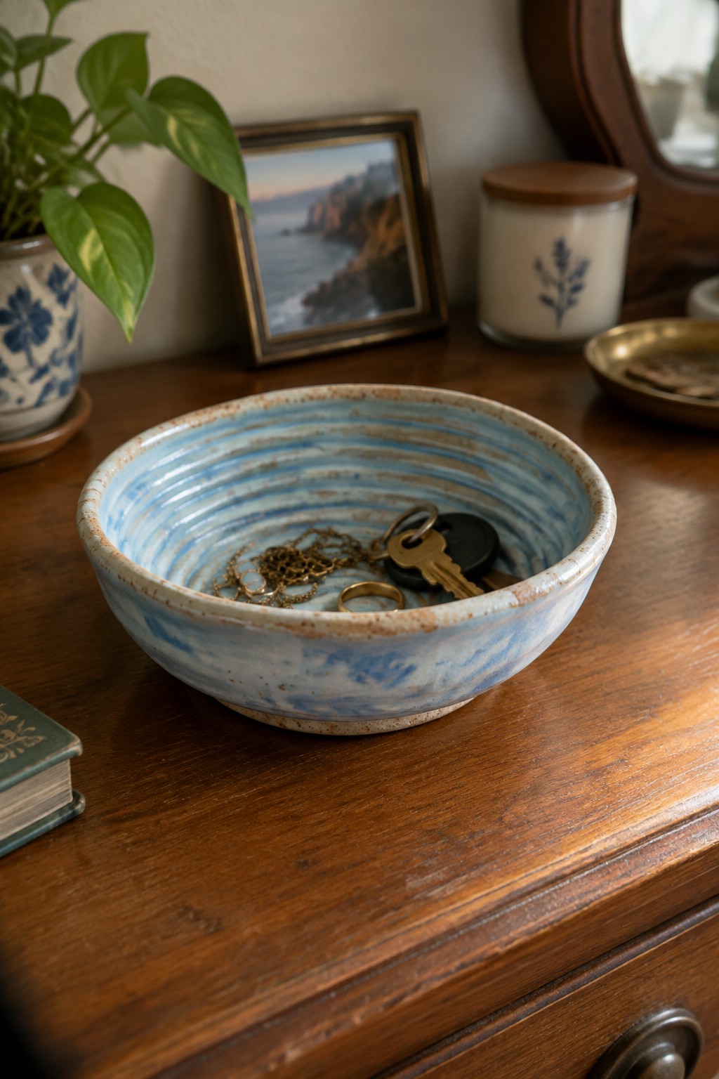 A blue and white striped ceramic bowl holding keys and jewelry sits on a wooden dresser.