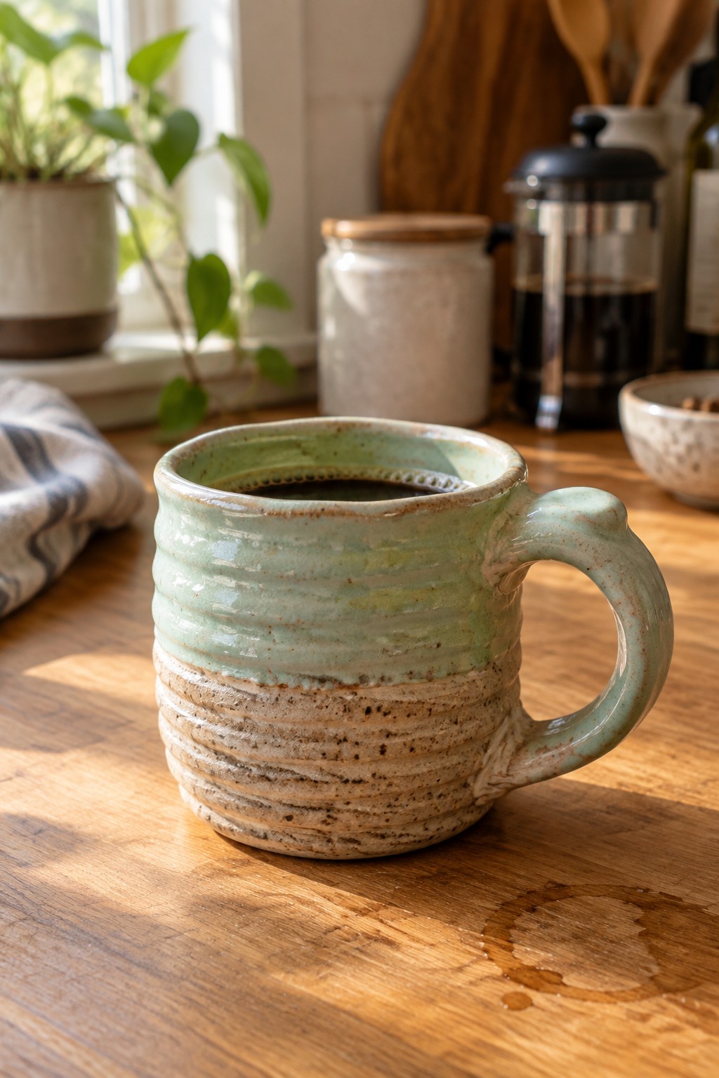 Green ribbed ceramic coffee mug on wooden table with coffee stain