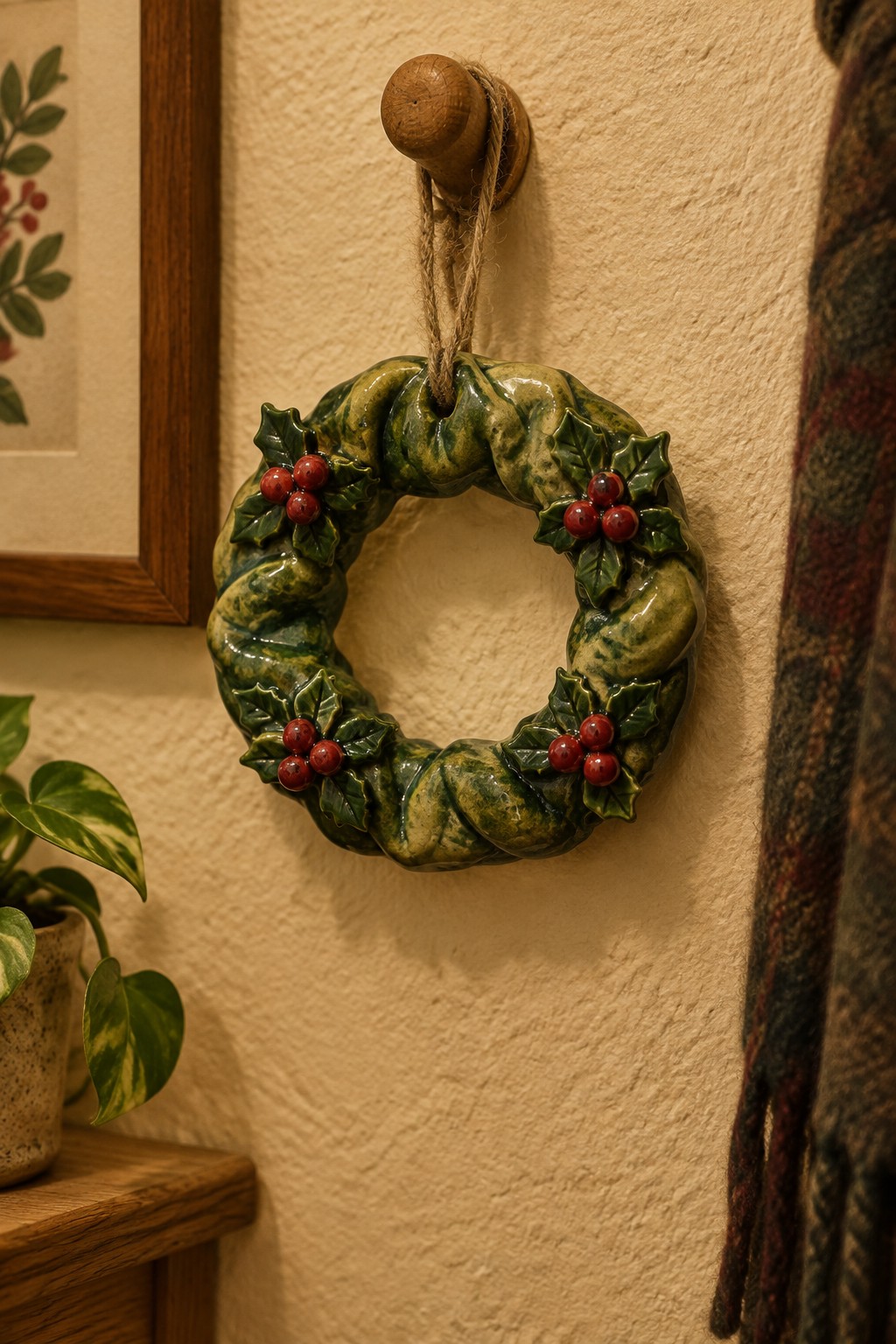 Green ceramic wreath with holly leaves and red berries hanging from wooden peg