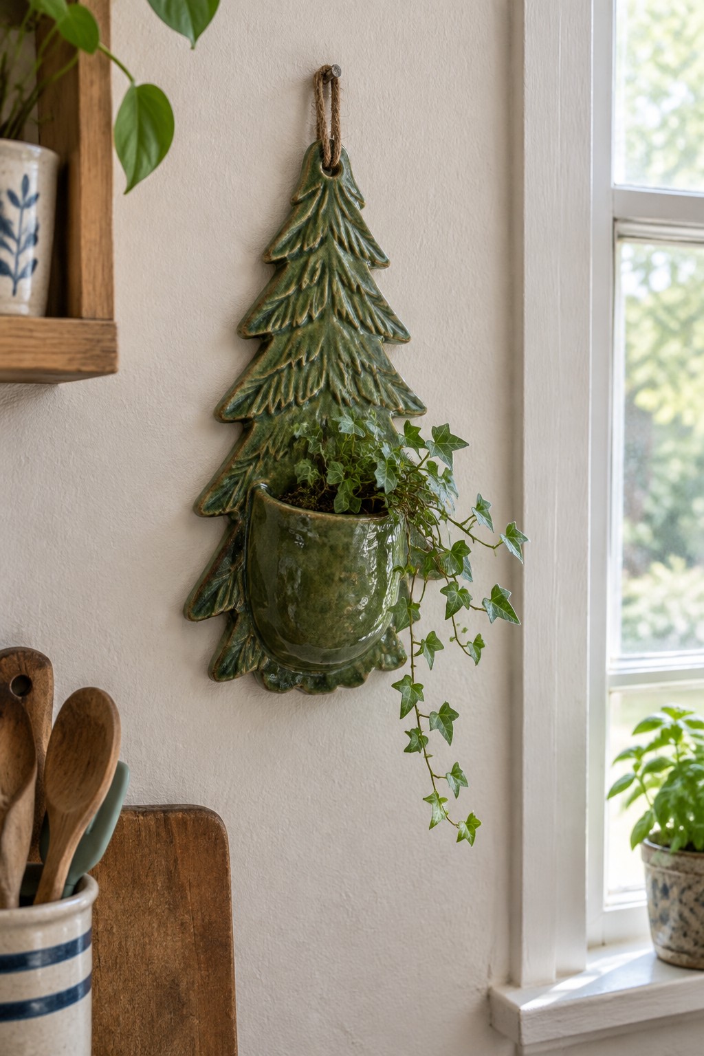 Green ceramic Christmas tree wall planter with trailing ivy on beige wall