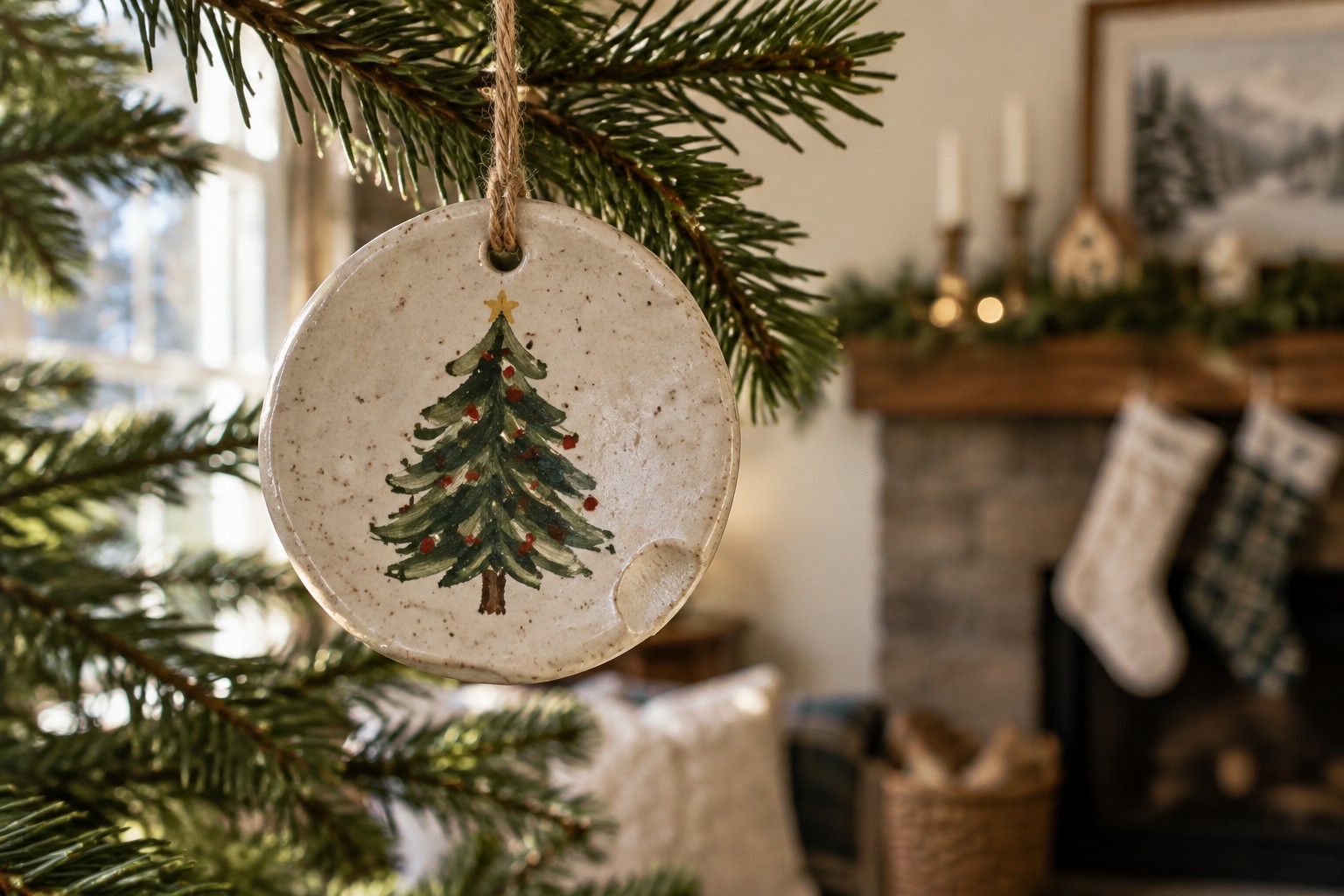 Ceramic ornament with painted Christmas tree hanging from pine branch by twine