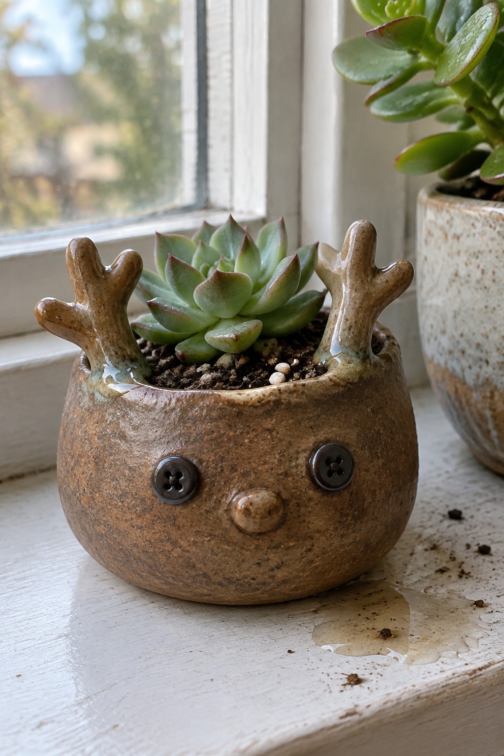 Reindeer-shaped brown ceramic pot with antlers and buttons holds green succulent