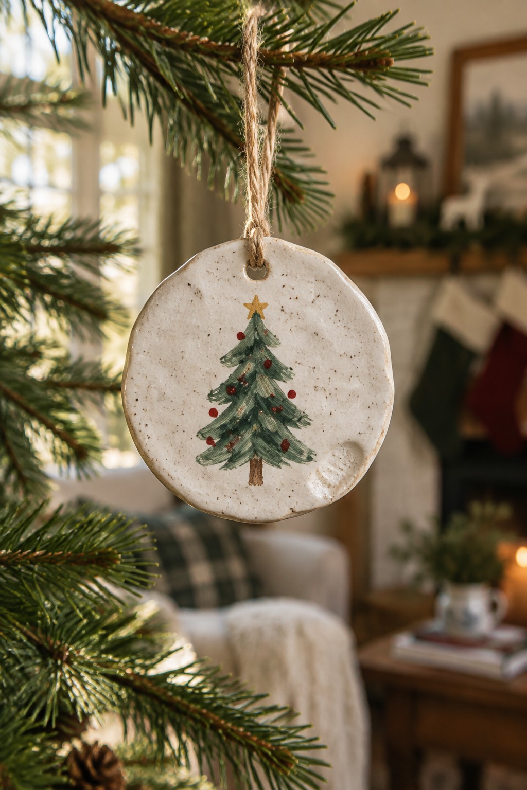Ceramic ornament with painted Christmas tree hanging from pine branch by twine