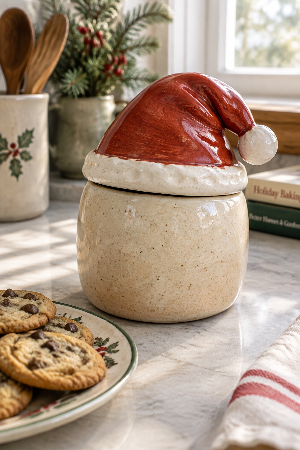 Santa hat cookie jar beside chocolate chip cookies on marble countertop