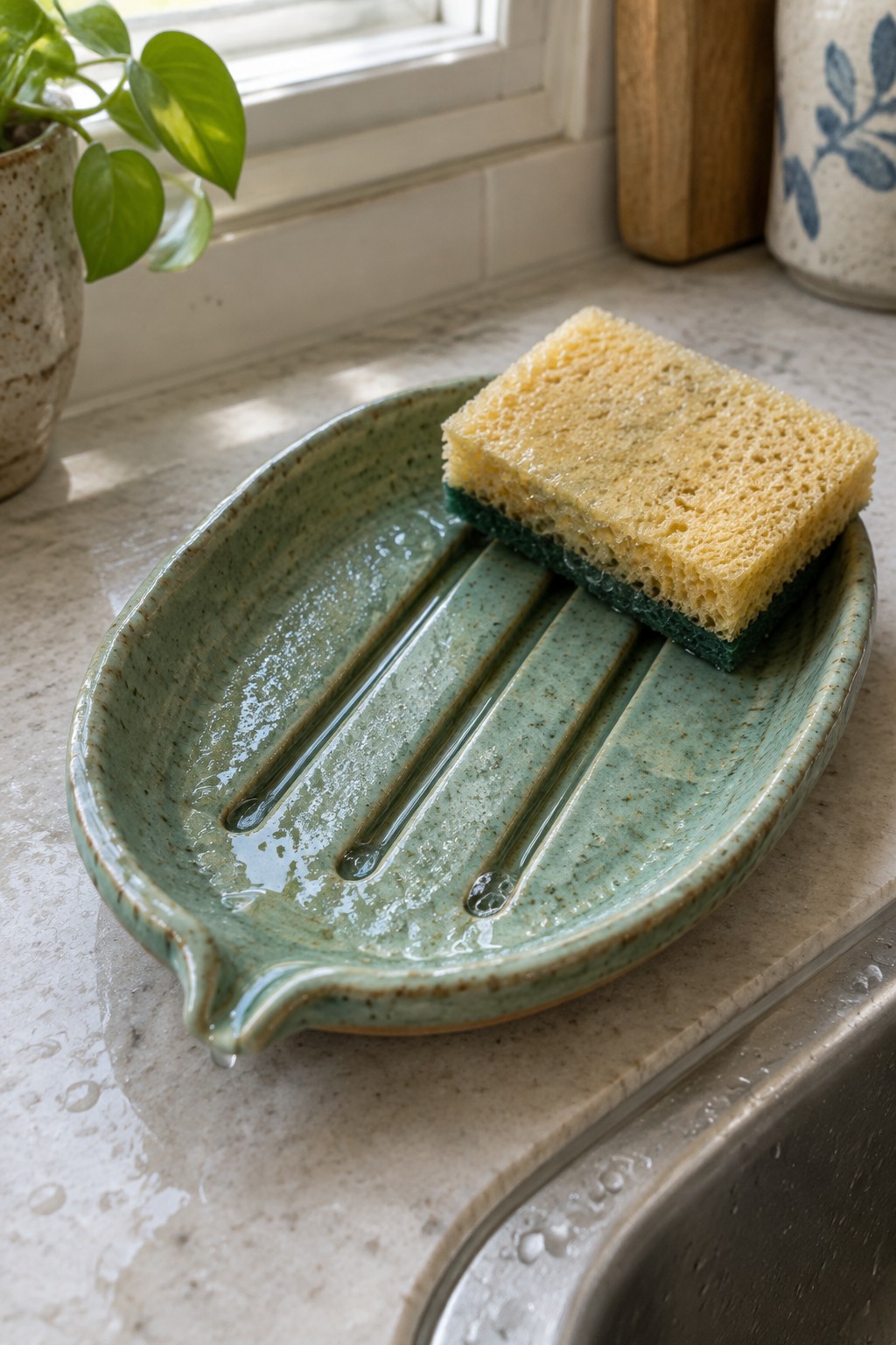 Yellow sponge on wet green ceramic dish dripping water by kitchen sink