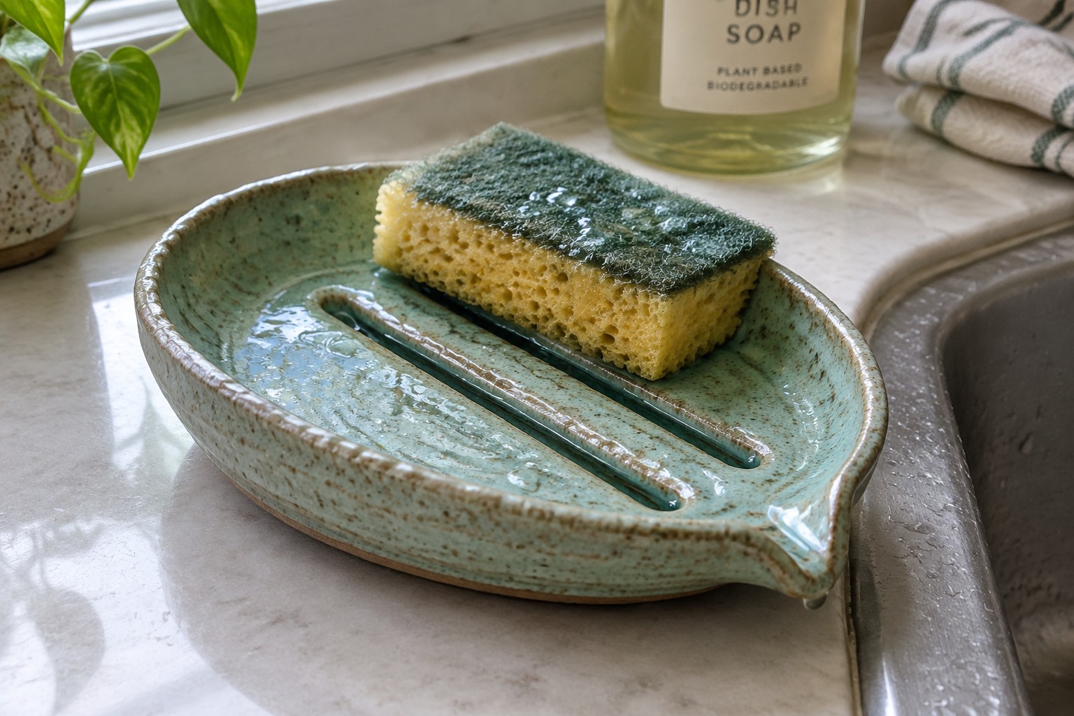 Yellow sponge on wet green ceramic dish dripping water by kitchen sink