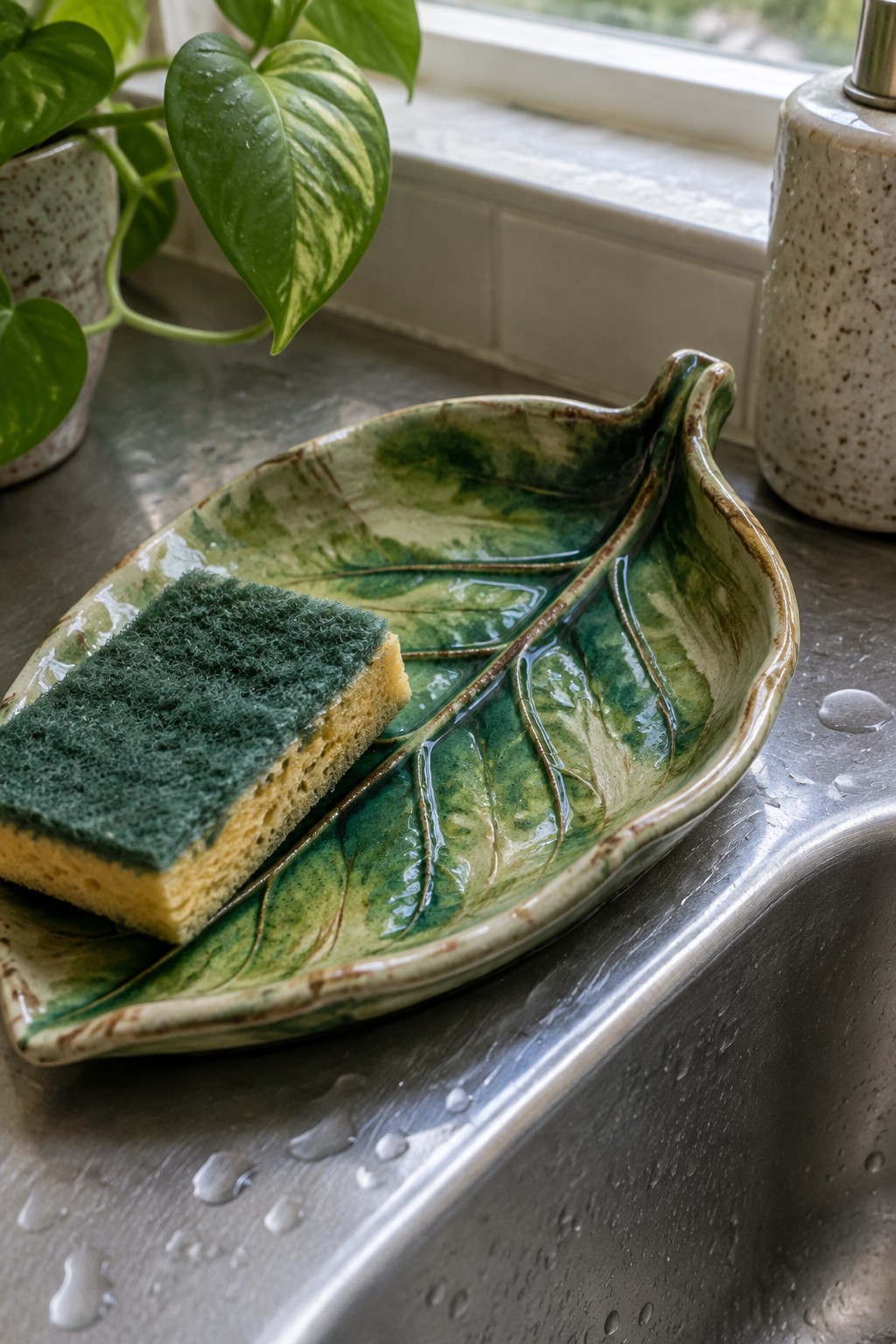 Leaf-shaped green ceramic dish holding a sponge on wet kitchen counter