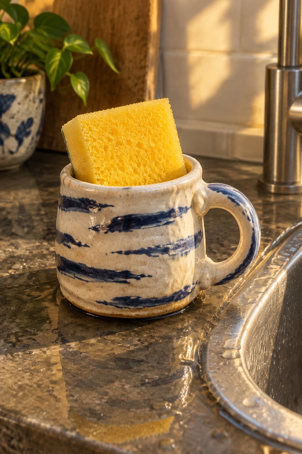 Yellow sponge in blue-striped ceramic mug on wet kitchen counter