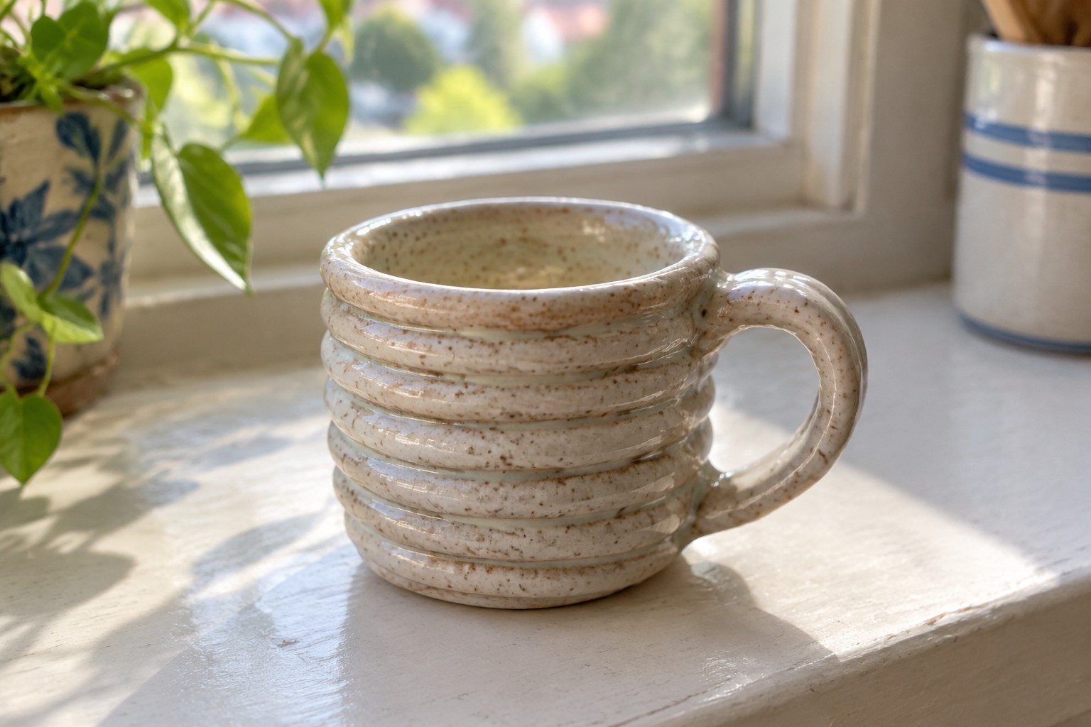 Rustic speckled ceramic mug with ridges on sunny windowsill beside houseplant