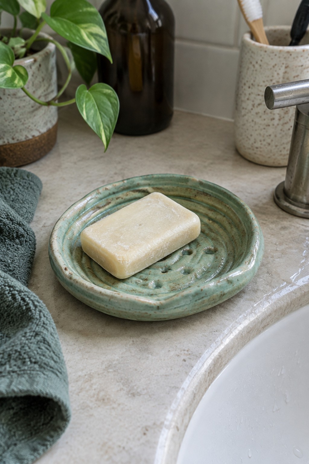 Beige soap bar on green ceramic dish beside towel on marble bathroom counter