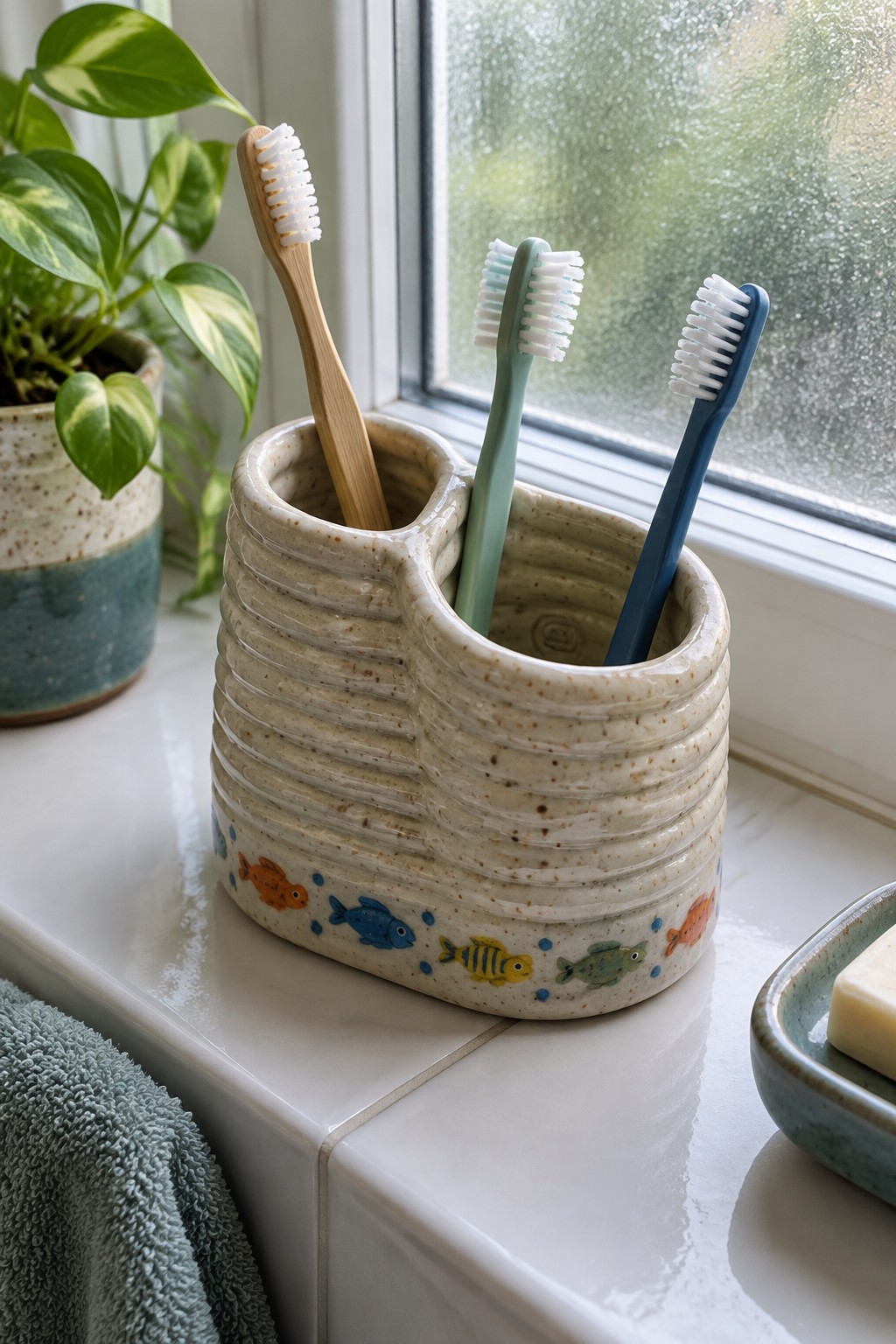 Ceramic fish-patterned holder with three toothbrushes on a sunny bathroom windowsill