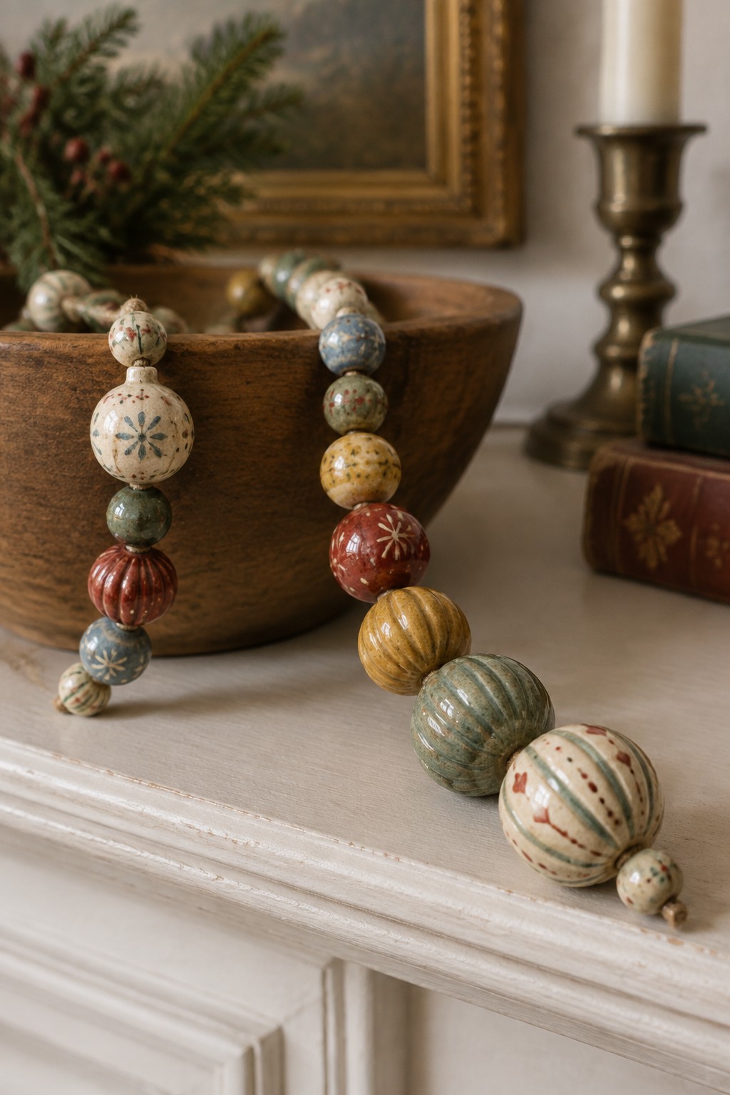Colorful ceramic beads in red, blue, and green draped over a wooden bowl