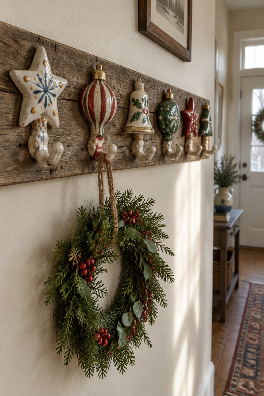 Rustic wooden rack with ceramic Christmas ornament hooks and hanging wreath