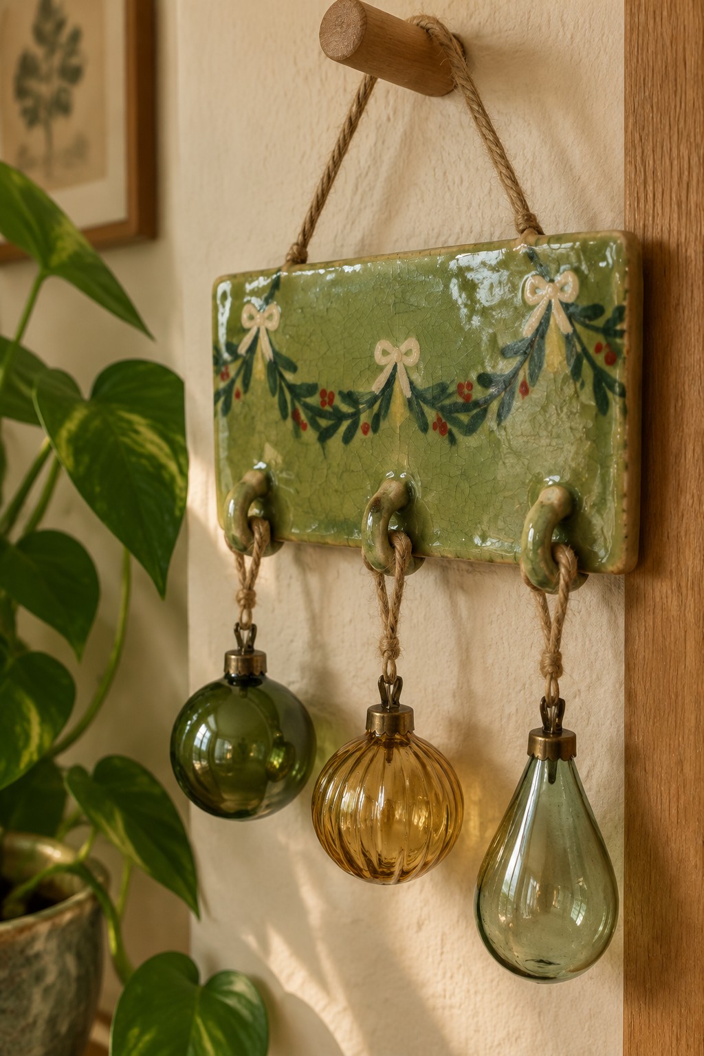 Green ceramic hook rack with painted bows and three hanging glass ornaments