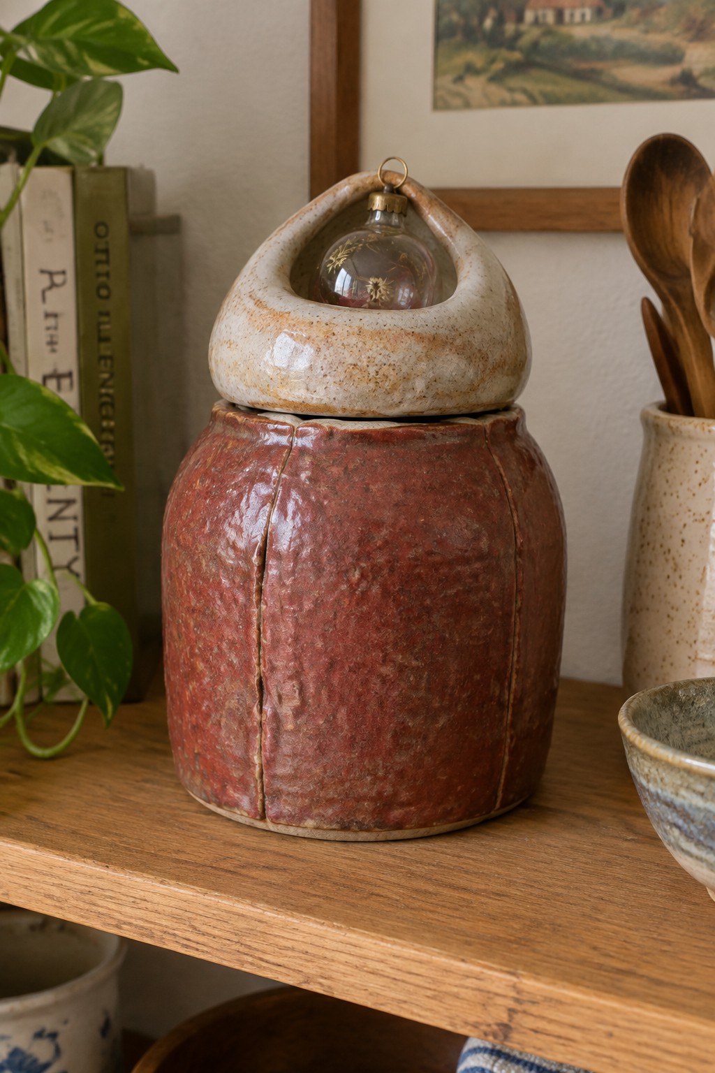 Red rustic ceramic jar with cream lid holding glass bauble on wooden shelf