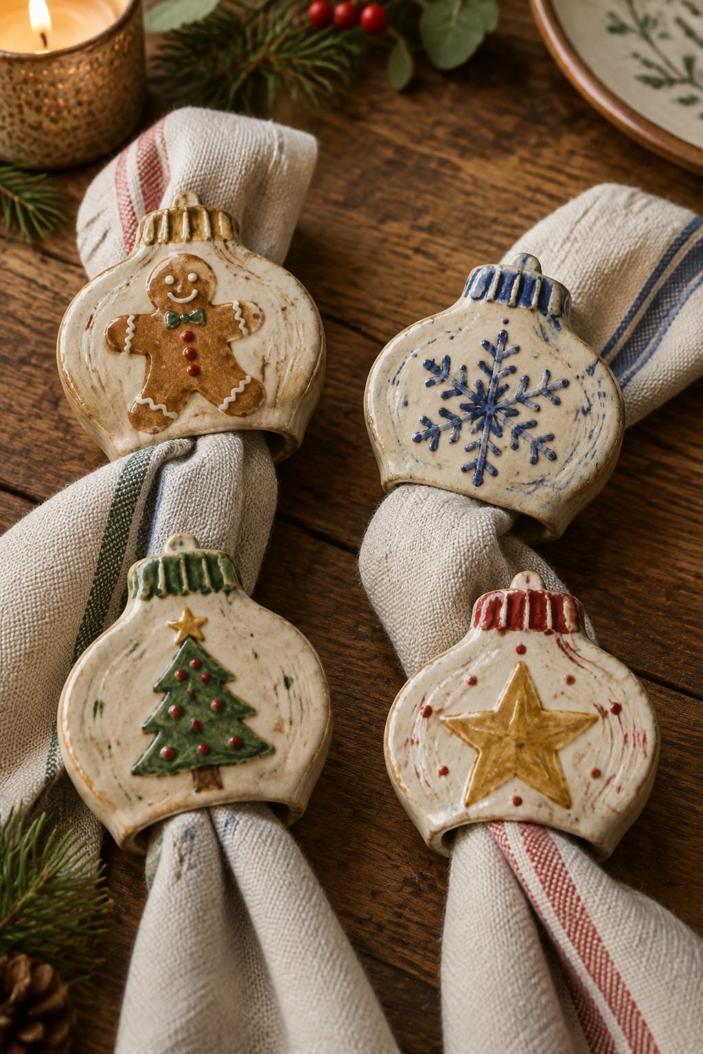 Four ceramic Christmas bulb napkin rings with gingerbread, snowflake, tree, and star designs.