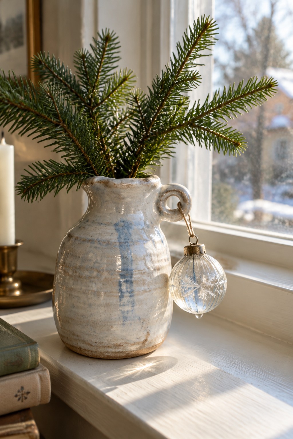 Ceramic vase with pine branches and glass ornament on sunlit windowsill