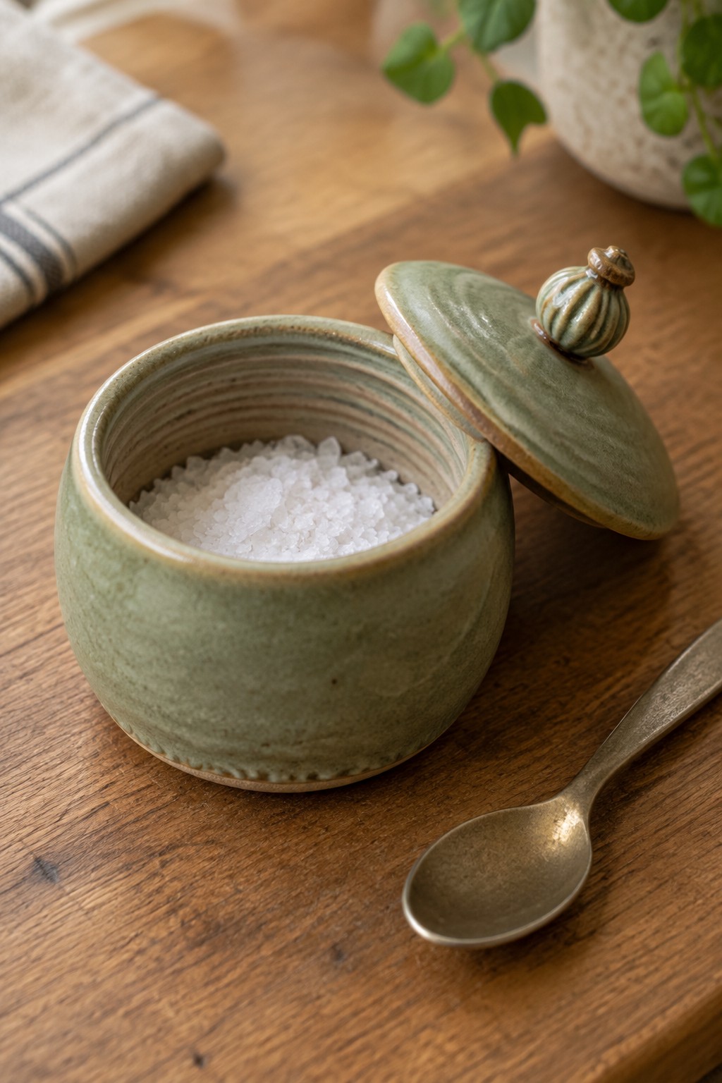 Open green ceramic jar of white salt with lid ajar beside metal spoon on wood