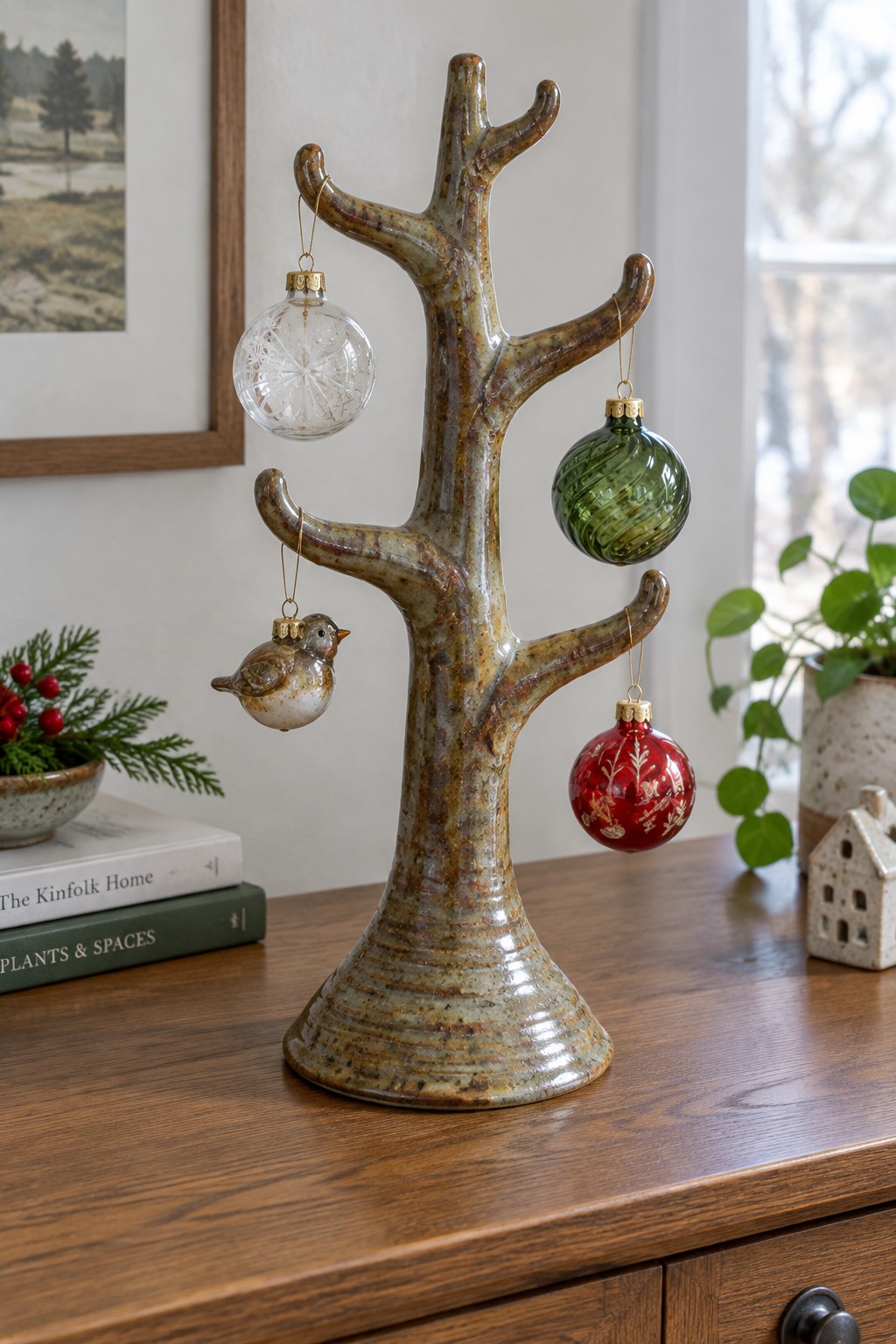 Ceramic tree stand with red, green, clear ornaments and bird on wooden table