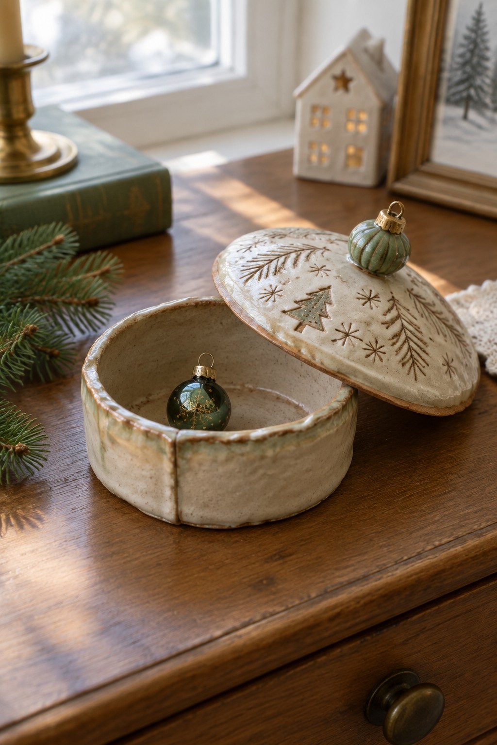 Open ceramic bowl with embossed Christmas lid revealing green ornament on wooden table