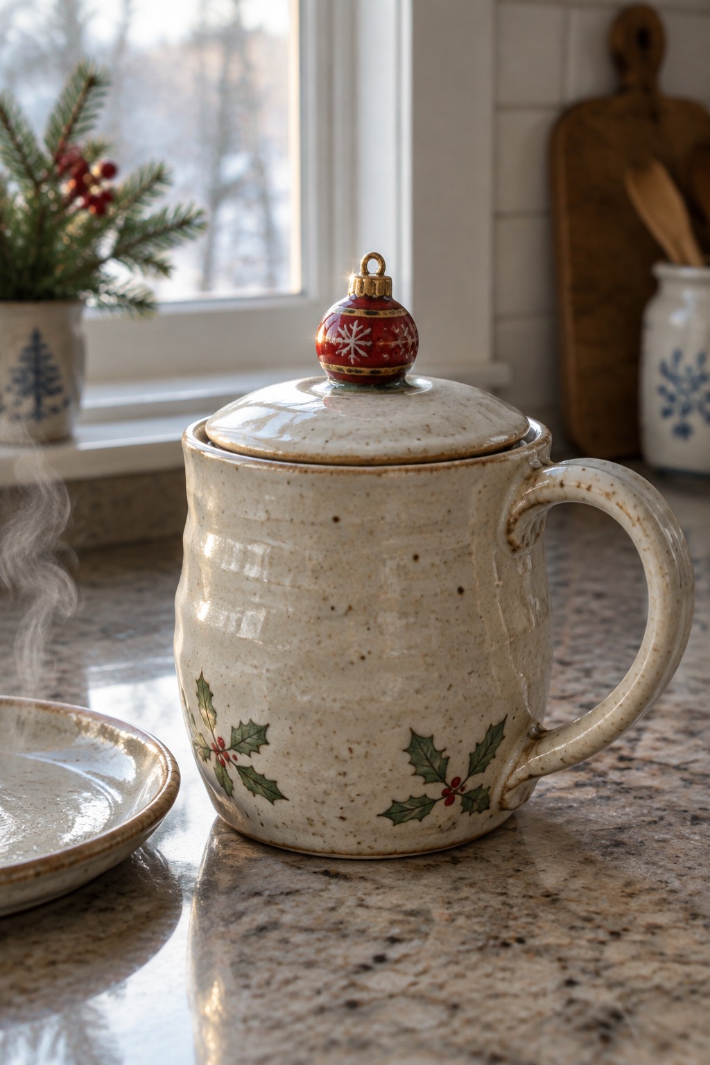Steaming speckled ceramic mug with holly design and red ornament lid