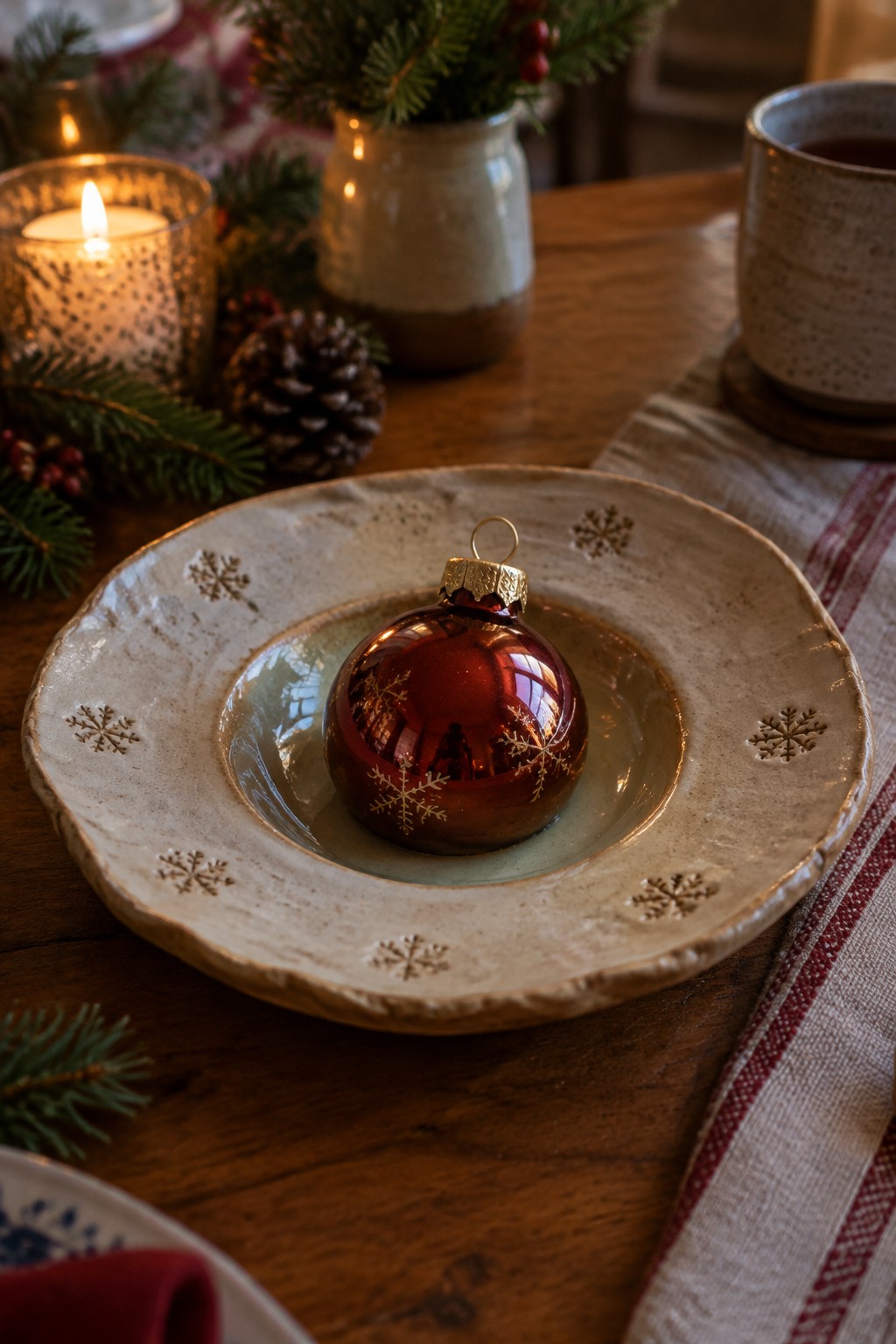 Red Christmas ornament with snowflakes in snowflake bowl on wooden table with pine branches