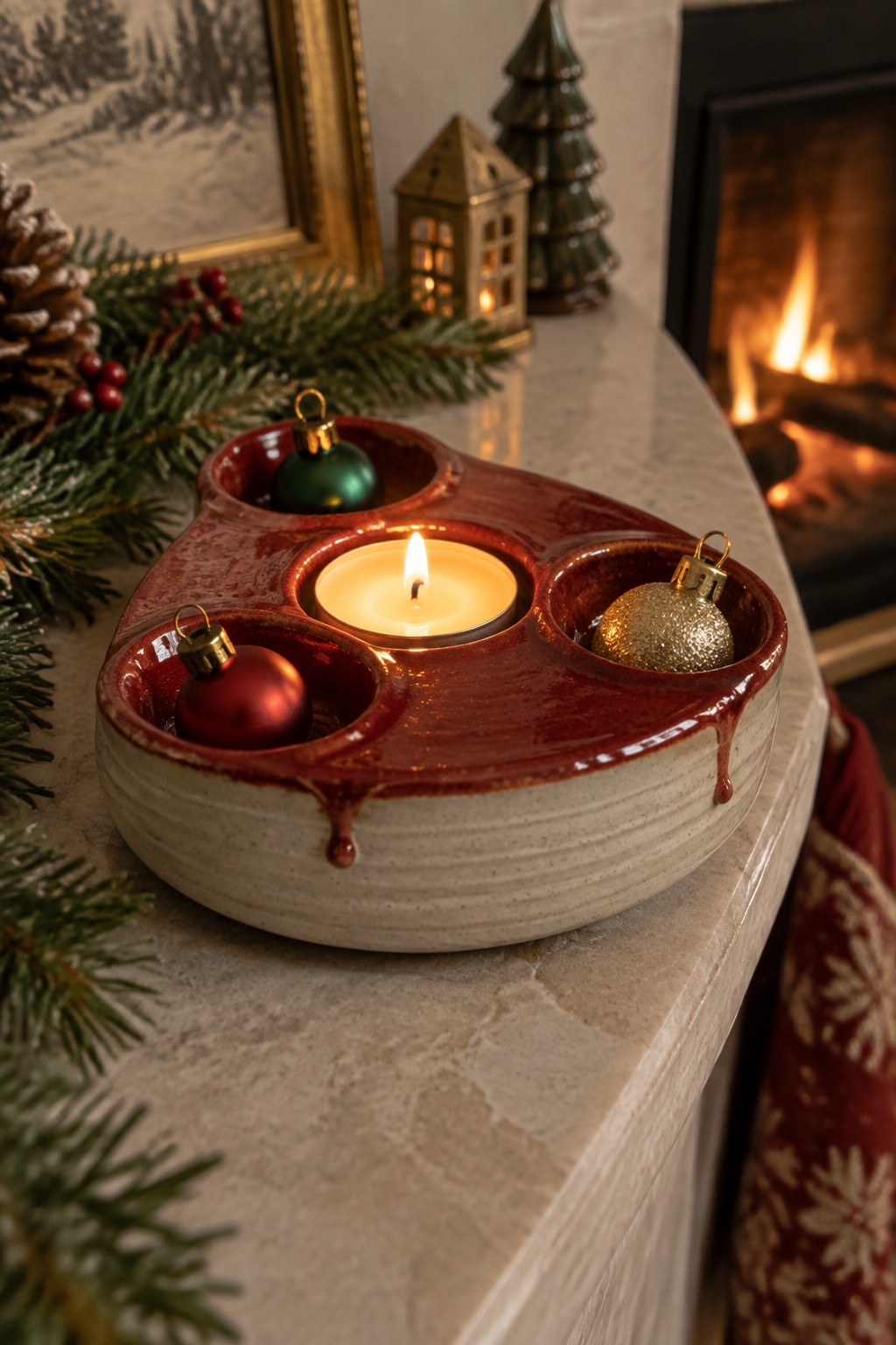 Red ceramic candle holder with lit candle and ornaments on mantel by fireplace