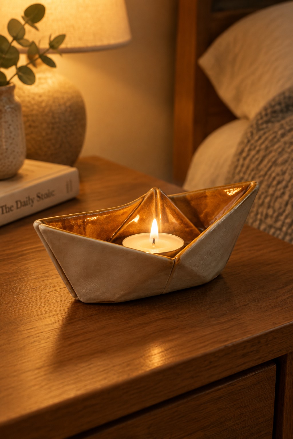 Lit candle in folded ceramic boat on wooden nightstand beside book and vase