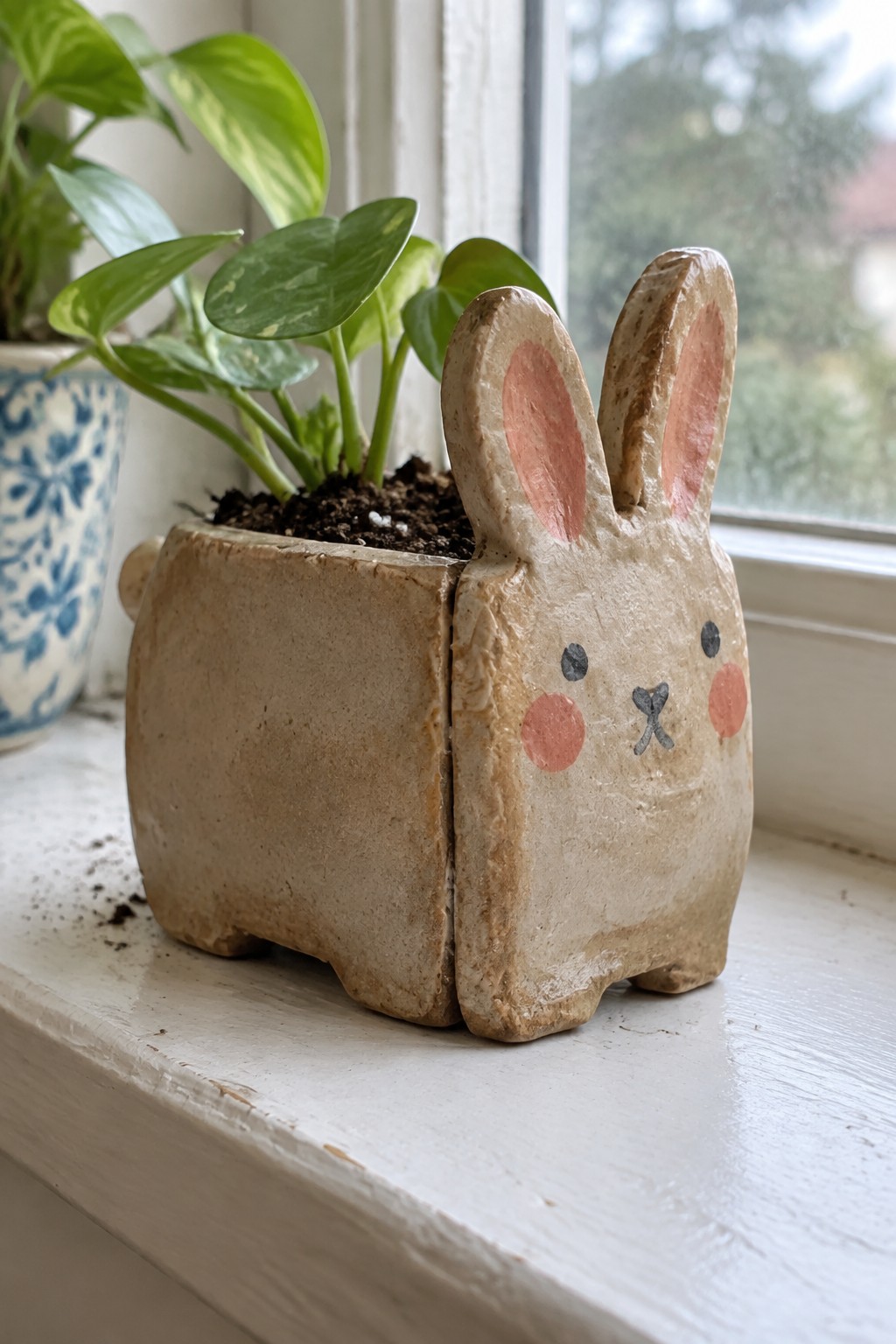 Ceramic bunny planter with pink ears and cheeks holding a green plant on windowsill