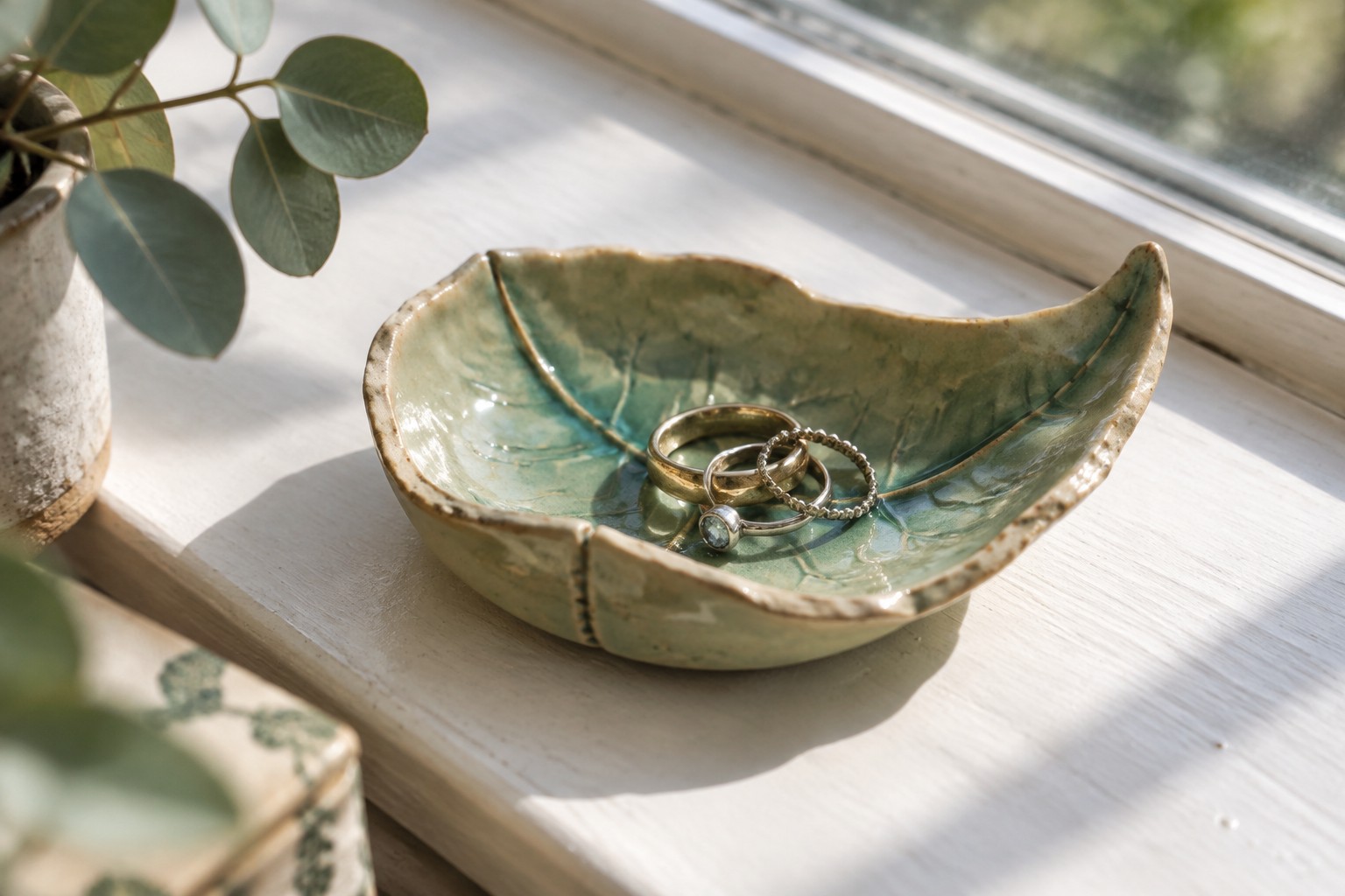 Two gold rings in a green ceramic leaf dish on a white windowsill